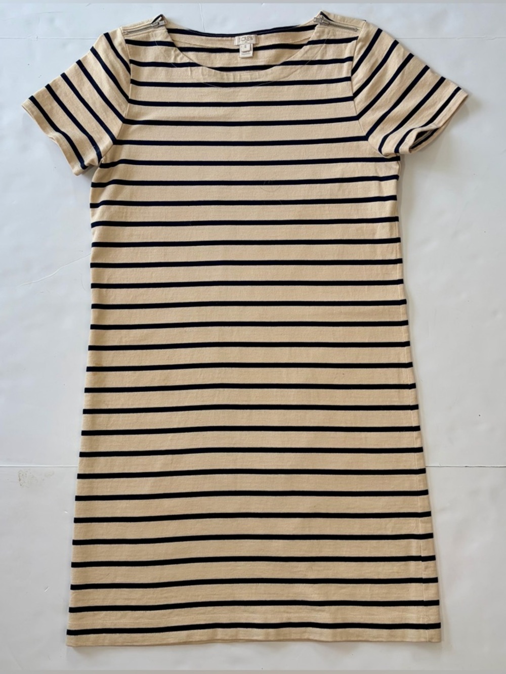 J. Crew Off White & Blue Striped Short-Sleeve Dress Knee Length Sz S 100% Cotton